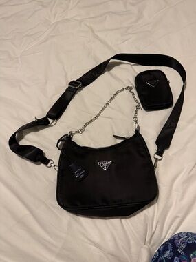 Prada Black Nylon Shoulder Bag with Chain Accent and Detachable Pouch